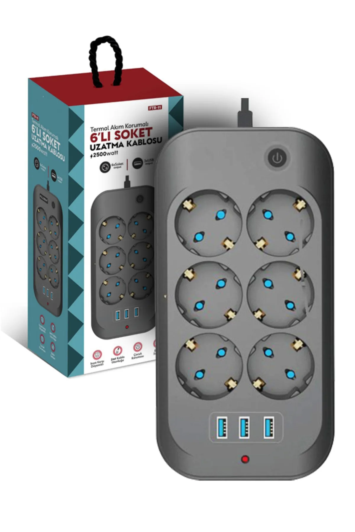 FULLTECH FTR11 2MT UZATMA KABLOSU 6LI PRİZ 3 USB ÇIKIŞ